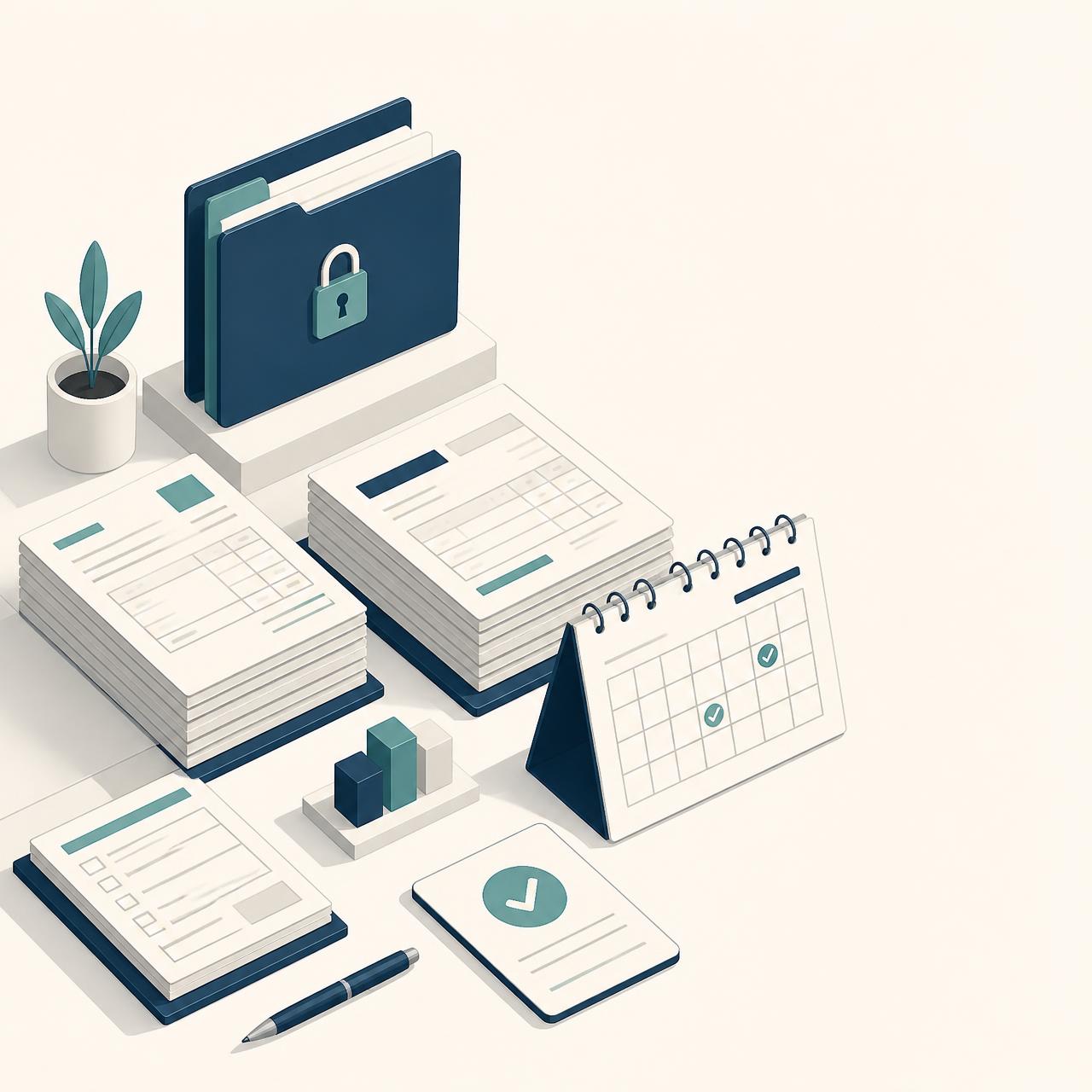 Ilustración de documentos fiscales ordenados, carpeta digital protegida, calendario de vencimientos y comprobante de pago confirmado
